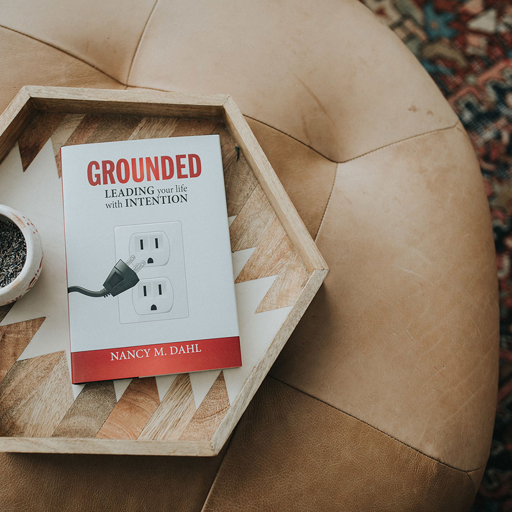 a photograph of the book GROUNDED on top of a leather ottoman